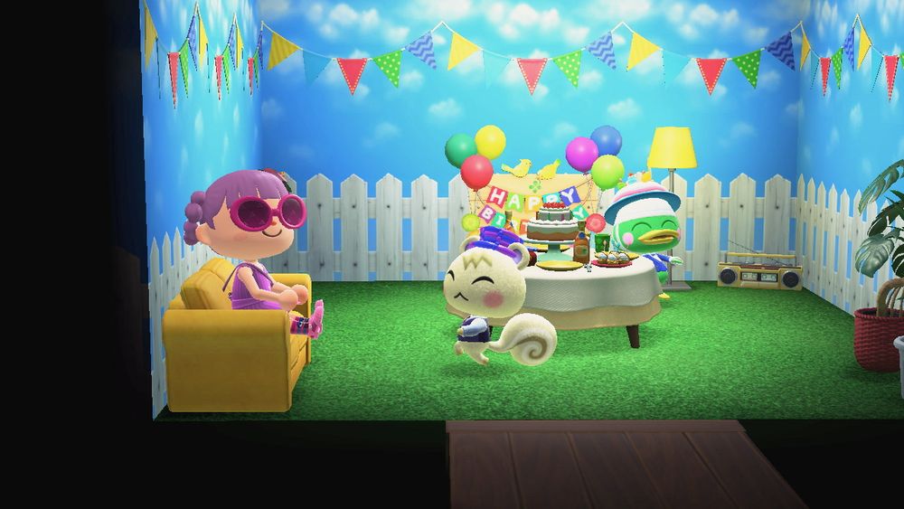 Birthday party at Scoot the duck’s house in Animal Crossing. Scoot’s birthday is June 13. 