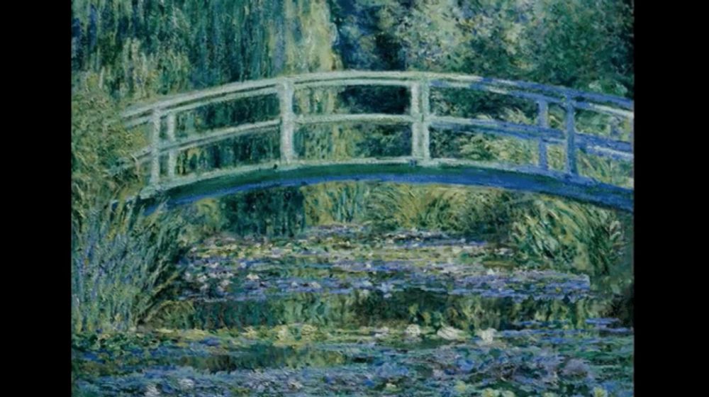 a painting of a bridge over a pond