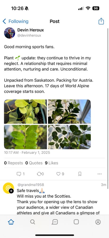 A screenshot of a post from the Skeets app for iPhone. A bug is present where text on individual posts doesn’t span the full width of the display.