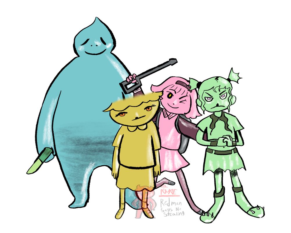 Artwork of Monitor(yellow) Mr. Woodcut(blue) Ms. Gun(pink) and Bad Girl(green) from Copper odyssey