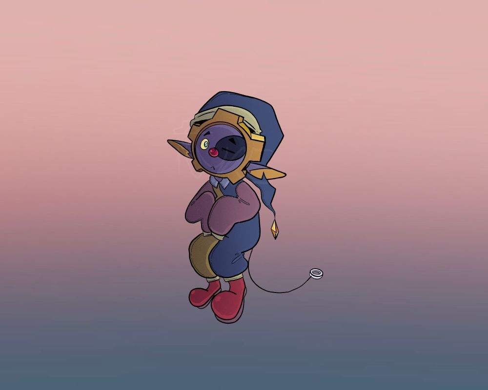 Artwork of a doll with a cog for a face wearing a sleep cap, pajamas, and clown shoes!? He has a pull string for a tail
His name is Cogsley