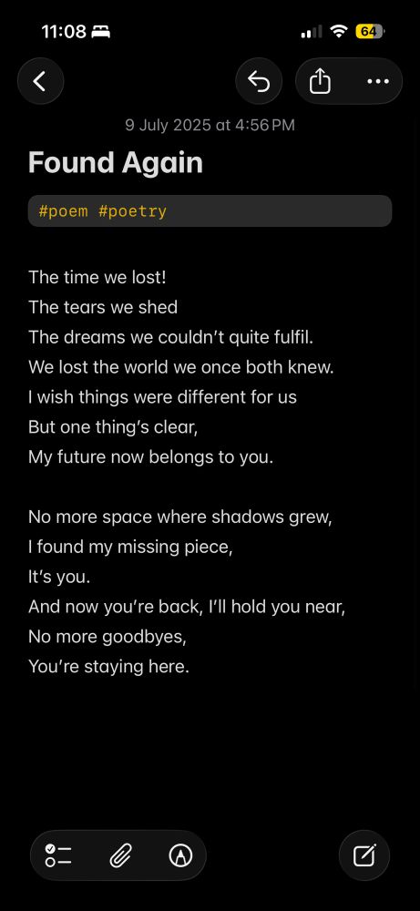 Found Again

The time we lost!
The tears we shed
The dreams we couldn’t quite fulfil.  
We lost the world we once both knew. 
I wish things were different for us  
But one thing’s clear,
My future now belongs to you. 

No more space where shadows grew,
I found my missing piece,
It’s you.
And now you’re back, I’ll hold you near,
No more goodbyes,
You’re staying here.