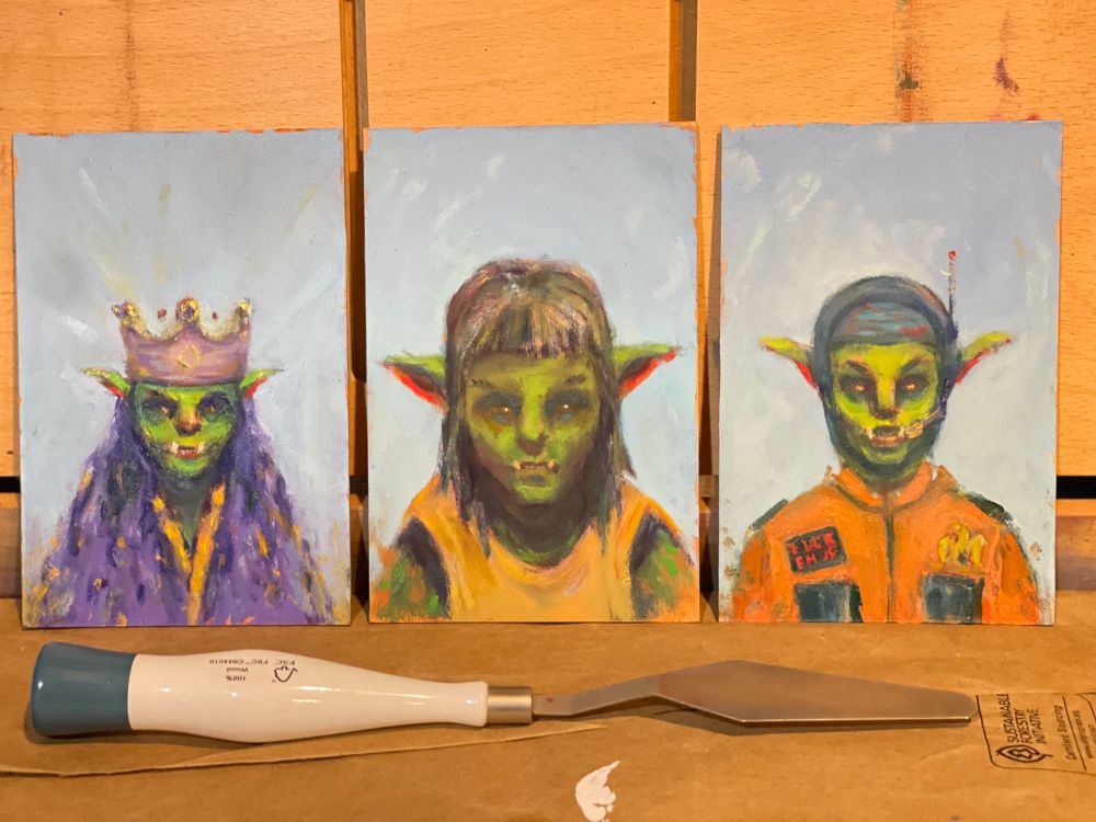 Goblin Resistance postcard oil paint portraits. Goblin Queen, her personal Guardian, and her best pilot.