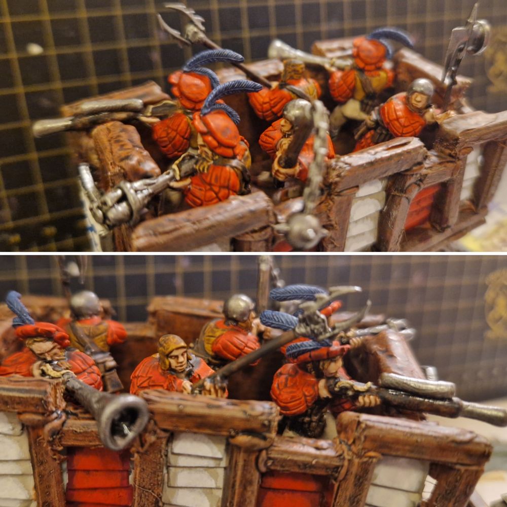 The six crewmen of the wagon, brandishing a wide array of silly weapons.