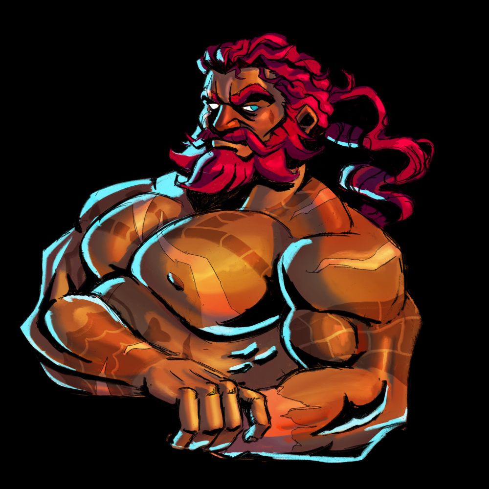 My character Quincy (from sea of thieves) flexing his arms and showing his pecs

Quincy is a buff looking guy who is missing his left hand and right eye. His skin is brown in color and covered in tattoos and scars. His prominent cheekbones are being highlighted by his red beard, which connects to his long wavy hair that is tied in a ponytail, flowing behind him.