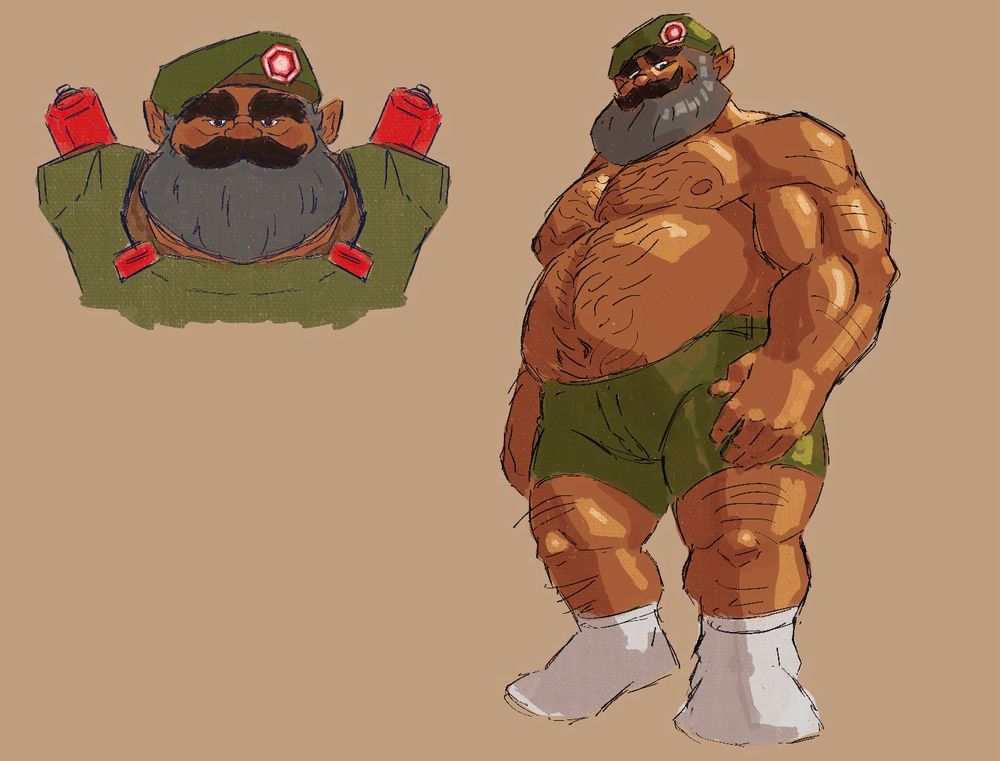 Drawings of a dwarf 
He has brown skin, a large gray beard, and dark brown mustache and eyebrows.

On the top left a portrait of him, he is wearing a beret with a red glowing badge and armor.

On the right a drawing of him full body, he is shirtless, wearing the same beret, green shorts and white socks.