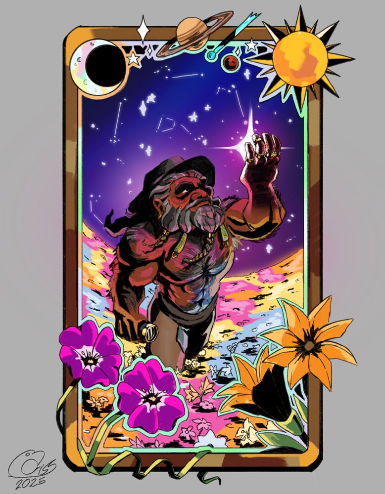  An old looking dwarf standing in a field of flower. He holds a spyglass in his right arm and star with his left hand.

 The dwarf has dark skin, and a hairy and muscular body. His face is covered in wrinkles, and also covered by a large beard, dark in color with a lot graying, the beard is tied in 5 different braids (only 4 being shown here).

 He wears a cowboy hat and a pair of jeans, which are covered by a pair of chaps, held by a sash tied to his waist.