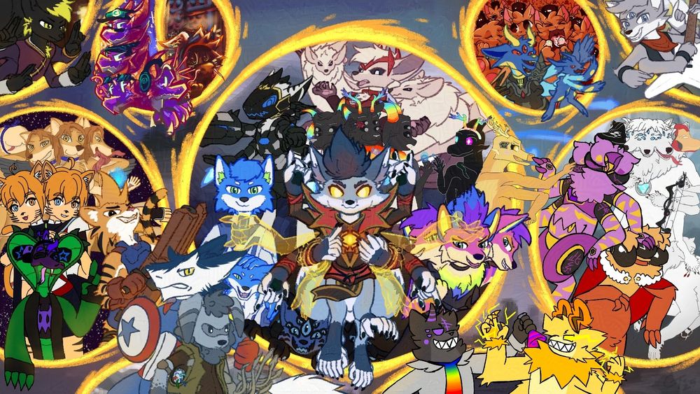 A super-hero themed artwork featuring members of the Multiverse of Multifurs Discord server.