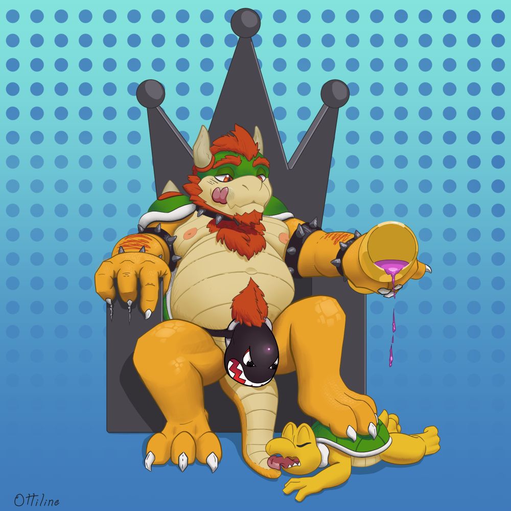 King Koopa sits on his throne clad onlynin a bullet bill thong, using a dutiful minion as a footstool. 
