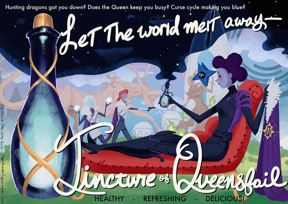 A faux advertisement in 1950s - 1960s commercial cartoon style depicts a purple-toned female hunter taking off her cloak and lounging on a chaise with an open bottle of Tincture of Queensfoil while her Ghost hangs nearby. In the background, a compilation of Dreaming City scenes: the Keep of Voices, Riven, Mara Sov & Petra Venj fighting a hive wizard. The top part of the picture depicts the Ascendant Plane, "flowing" from the open bottle.

Accompanied by a large illustration of a Queensfoil bottle, ad copy reads: "Hunting dragons got you down? Does the Queen keep you busy? Curse cycle making you blue? Let the world melt away - Tincture of Queensfoil. HEALTHY - REFRESHING - DELICIOUS!"