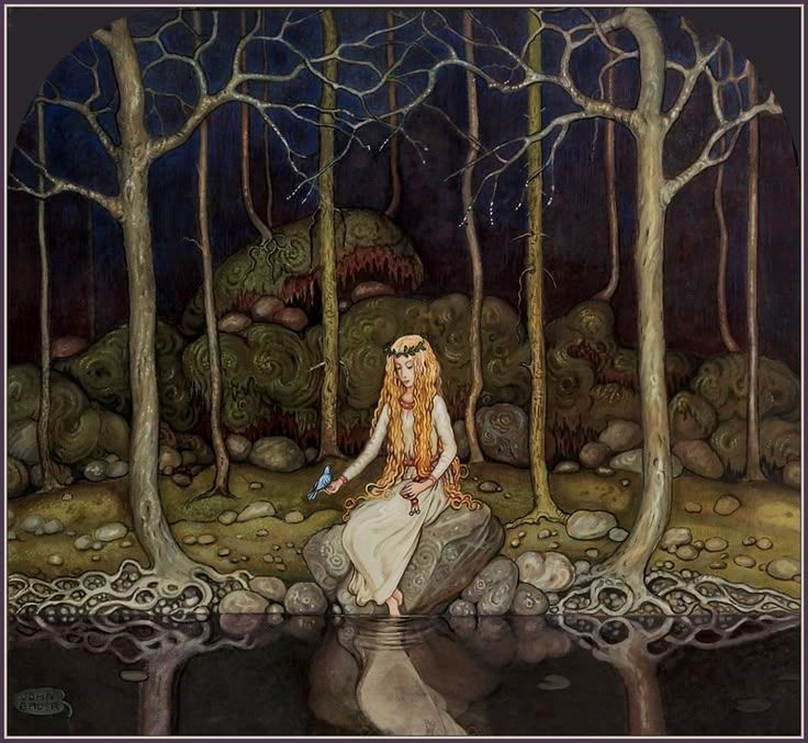 Woman sitting at a lake casting her eyes.therin. Surrounding here is an idealized forest. 