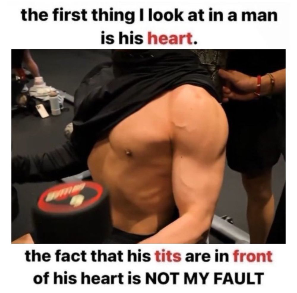 picture of Jungkook at the gym with half his chest exposed, text is black on a white background and says "THE FIRST THING I LOOK AT IN A MAN IS HIS HEART... THE FACT THAT HIS TITS ARE IN FRONT OF HIS HEART IS NOT MY FAULT"