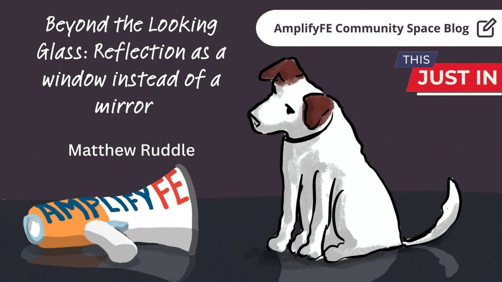A cartoon dog looking at a AmplifyFE branded megaphone. Text: AmplifyFE Community Space Blog -  Beyond the Looking Glass: Reflection as a window instead of a mirror Matthew Ruddle.