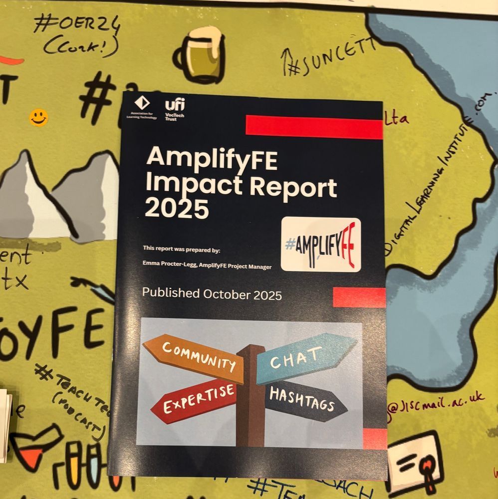 A printed copy of the AmplifyFE Impact Report on a background of the AmplifyFE map