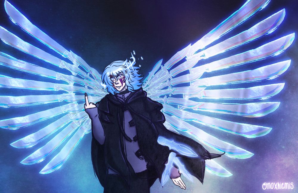 A digital illustration of Cerberus, a young man with pale blue hair, fair skin, red-violet eyes, and a prominent burn scar shaped like a fang and three stripes on his left cheek. He is wearing a purple hoodie and a short black techwear rain cloak. He smirks crookedly, and is flipping off the viewer with his right hand. Broken rings and sparks of light hover around his forehead. His left hand is outstretched, and three glowing blue throwing knives float above it. Behind him, more throwing knives, bowie knives, and machetes are arranged in the shape of a pair of wings.