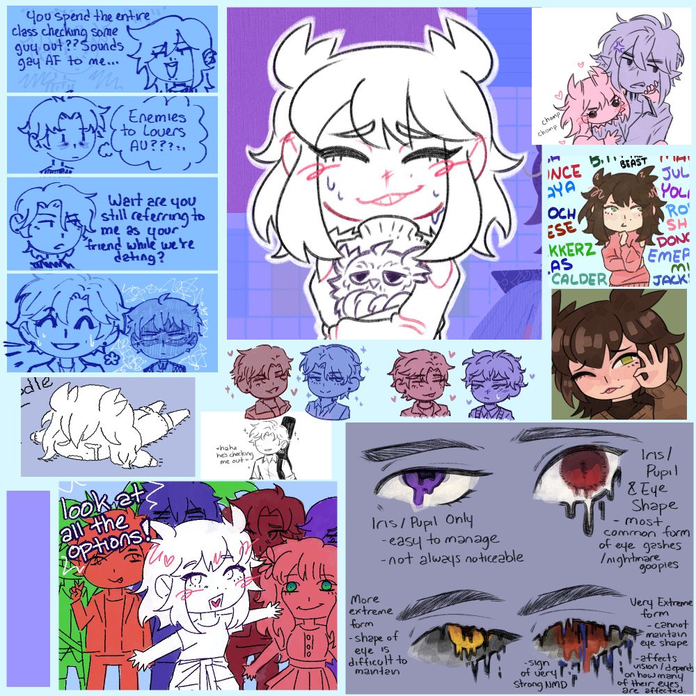 digital collage of doodles and sketches i’ve posted onto tumblr for the last few months. some are of my original characters and some are of my persona 