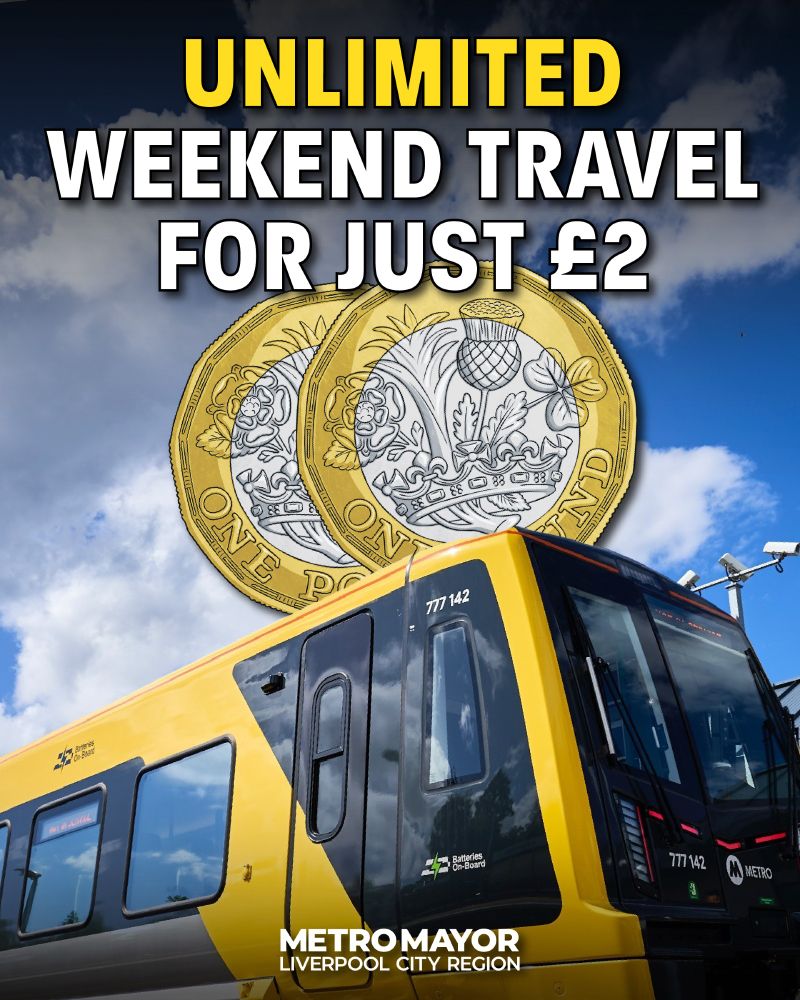 The image features a bright yellow Merseyrail train with "Batteries On-Board" branding, set against a blue sky with some clouds. Two large £1 coins are prominently displayed above the train. The text reads "UNLIMITED WEEKEND TRAVEL FOR JUST £2" in bold yellow and white lettering. At the bottom, it says "METRO MAYOR LIVERPOOL CITY REGION."