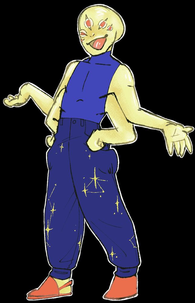 Yellow humanoid amphibian type of guy, with 5 eyes, big smile, and 4 arms.
He's wearing blue clothes with star constellation motifs on the pants and orange shoes.