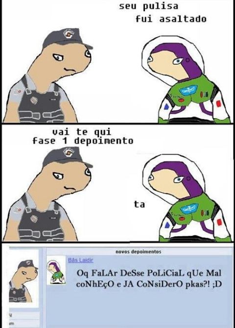 Quadrinho com o Bãs Laidir fazendo um depoimento de Orkut pro policial, dizendo "O que falar desse policial que mal conheço é já considero pakas?" 