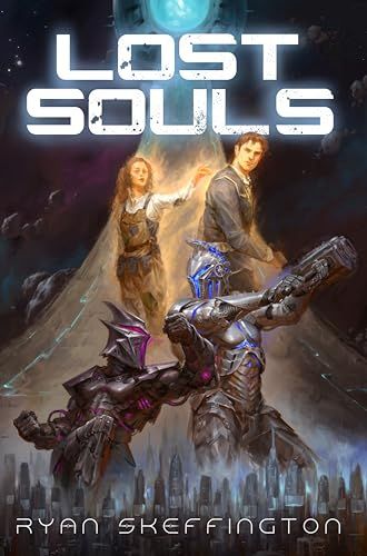 Cover features text "Lost Souls" and "Ryan Skeffington". Image of a man and woman above armored figures fighting, overtop a city skyline