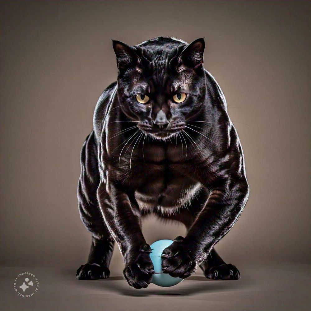 Gato preto musculoso em um fundo cinza
