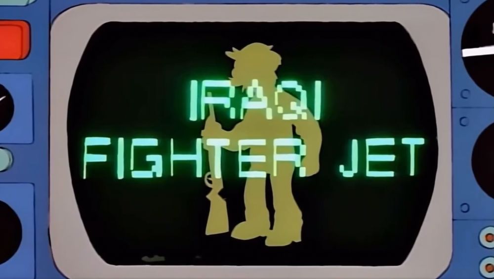 the computer console in the cockpit of a fighter jet inaccurately identifying what is clearly an image of a man holding a rifle as an iraqi fighter jet