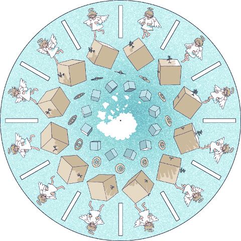 天使の子が空の上の回転するキューブをスキップする驚き盤画像