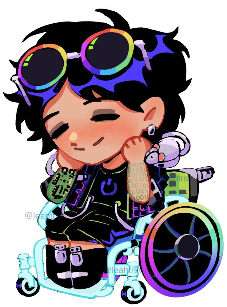 Chibi art of Mac, a character from the video game ‘Date Everything’. They’re sitting and holding their face. They’re smiling happily and their eyes are closed.   