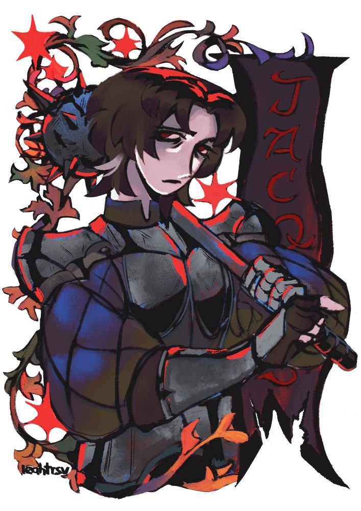 portrait of Jacques, a dhampir fighter character of _adelistic_ on artfight. they’re holding their weapon on their shoulder. floral decoration with red stars are in the background