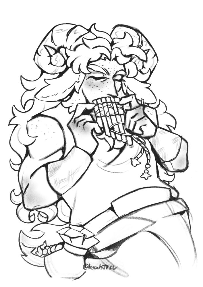 drawing of Aristedis, satyr bard character,standing and playing pan flute. he belongs to avalanchee3 on Artfight 