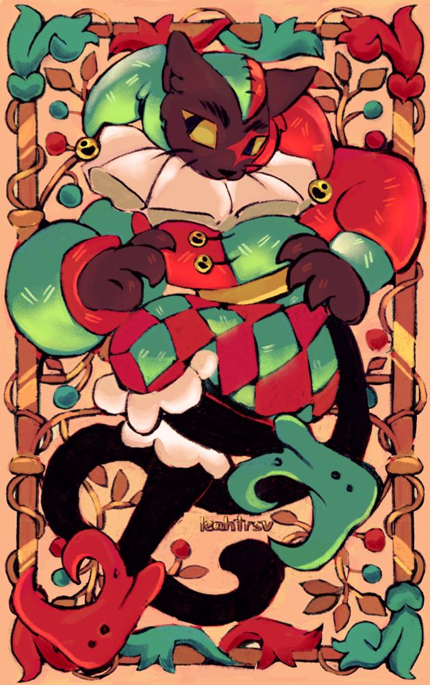 drawing of a cat character by ruinascirculares on artfight. the jester is dancing and smiling, they are surrounded by a floral pattern drawn in the style of medieval european manuscripts 