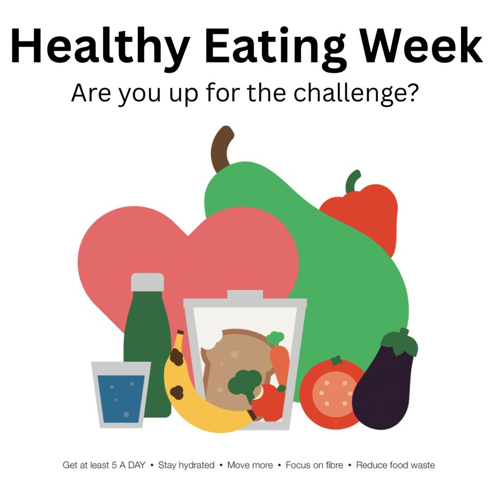 Healthy Eating Week
Are you up for the challenge?

Get at least 5 a day
Stay hydrated
Move more
Focus on fibre
Reduce food waste
