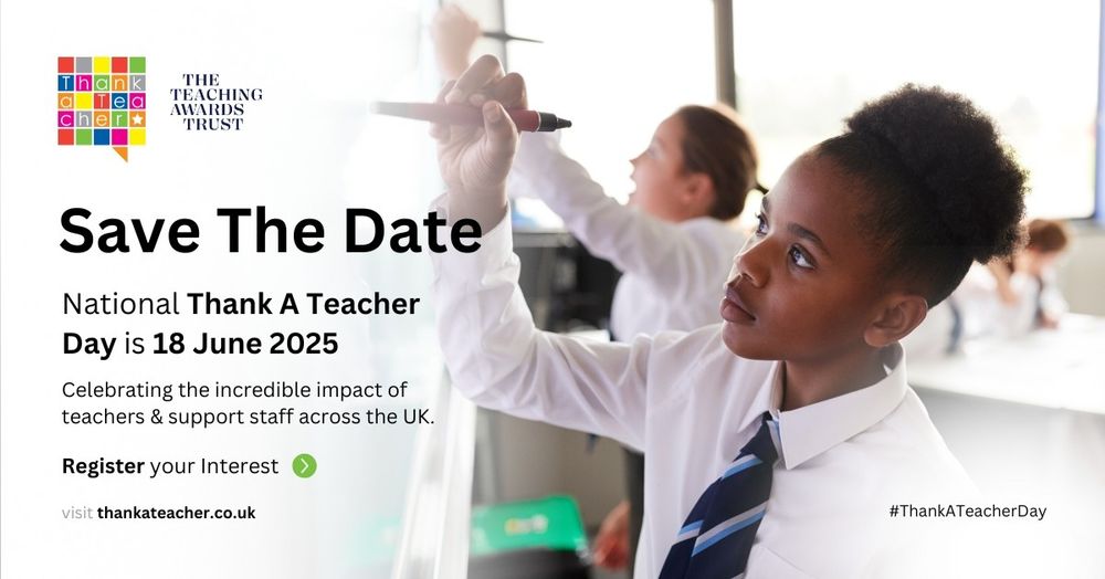 Save the Date

National Thank A Teacher Day is 18 June 2025

Celebrating the incredible impact of teachers & support staff across the UK.

Register your Interest

visit thankateacher.co.uk