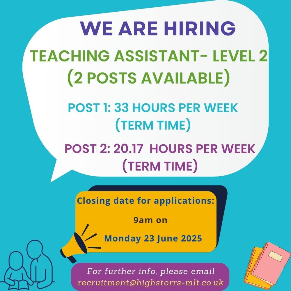 We are hiring 

Teaching Assistant - level 2
(two posts available)

Post 1: 33 hours per week (term time)

Post 2: 20.17 hours per week (term time)