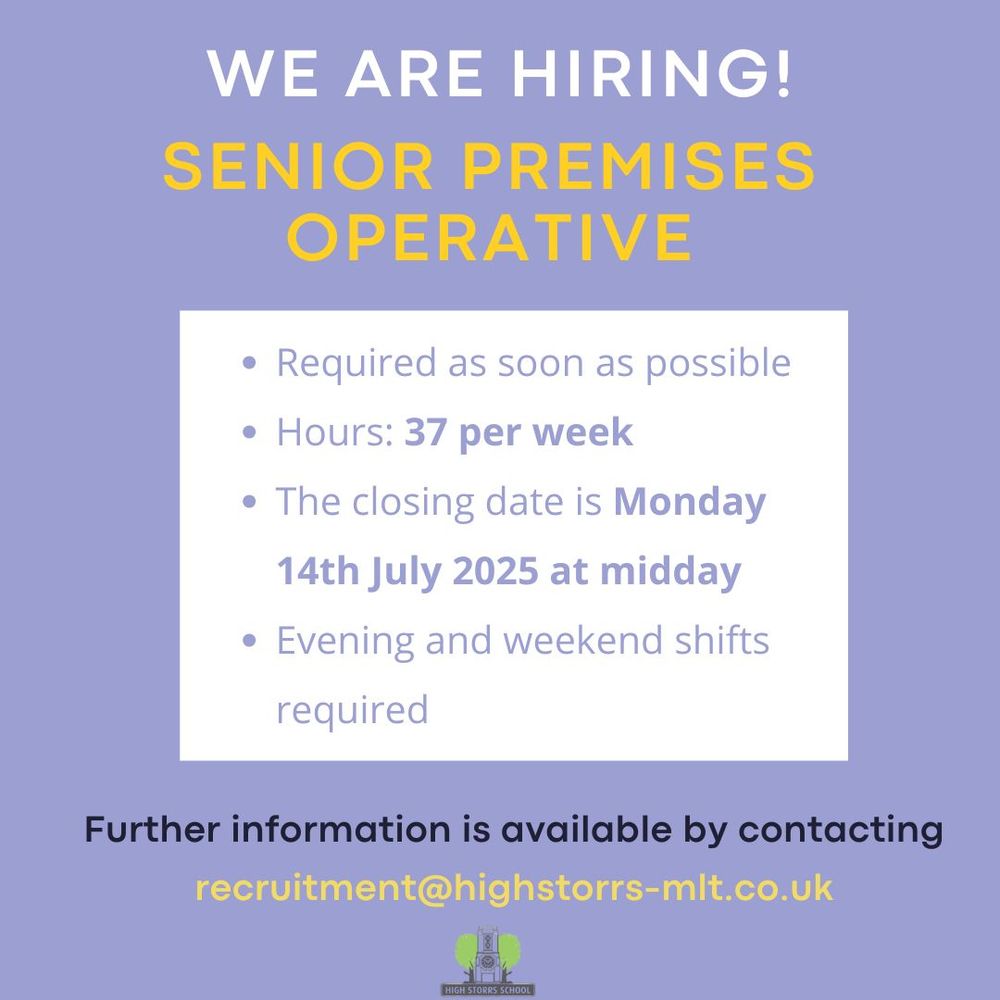 We are hiring!
Senior Premises Operative

Required as soon as possible

Hours: 37 hours per week

Closing date= Monday 14 July 2025 at midday

Evening and weekend shifts required

Further info is available by contacting recruitment@highstorrs-mlt.co.uk