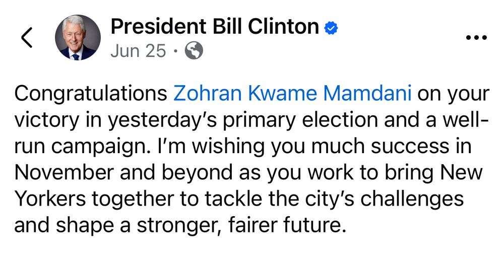 Bill Clinton endorsing Zohran Mamdani