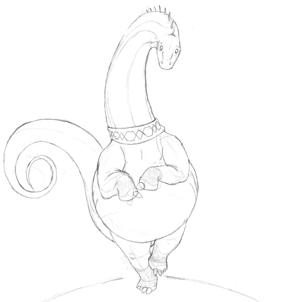 A pencil sketch of an apatosaurus wearing a collar struggling to walk on her hind feet like a biped.