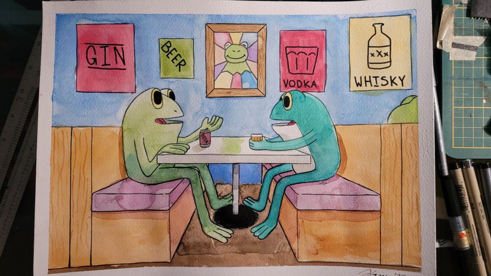 A watercolor painting of a pair of frogs one is green the other is more of a turquoise, sitting at a booth in a bar. Behind them on the wall is signs for different alcohol and a stained glass window with an image of Kermit the frog.