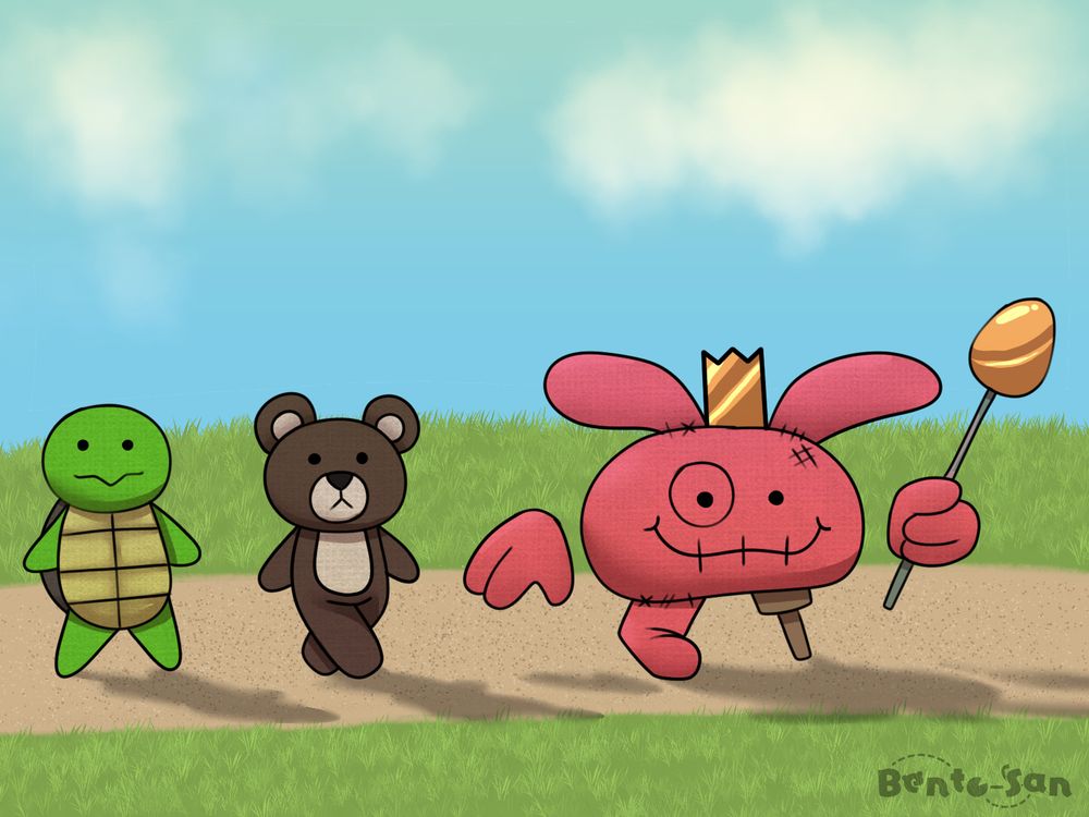 a semi bunny looking character stitched together wearing a crown and carrying a sceptre leads a small army of stuffed animals. the background is a simple trail and grass scene with a blue sky