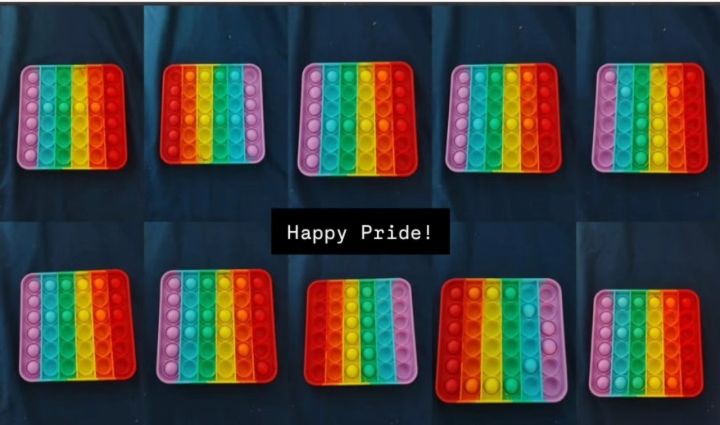 [Image Description: rainbow pop it sensory toy that spells out "happy pride". White text on black background: "happy pride"]