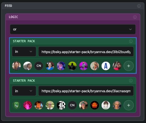 graze.social feed builder in tldraw showing a logic (or) section with two starter pack blocks pointing to the two rva starter pack lists.