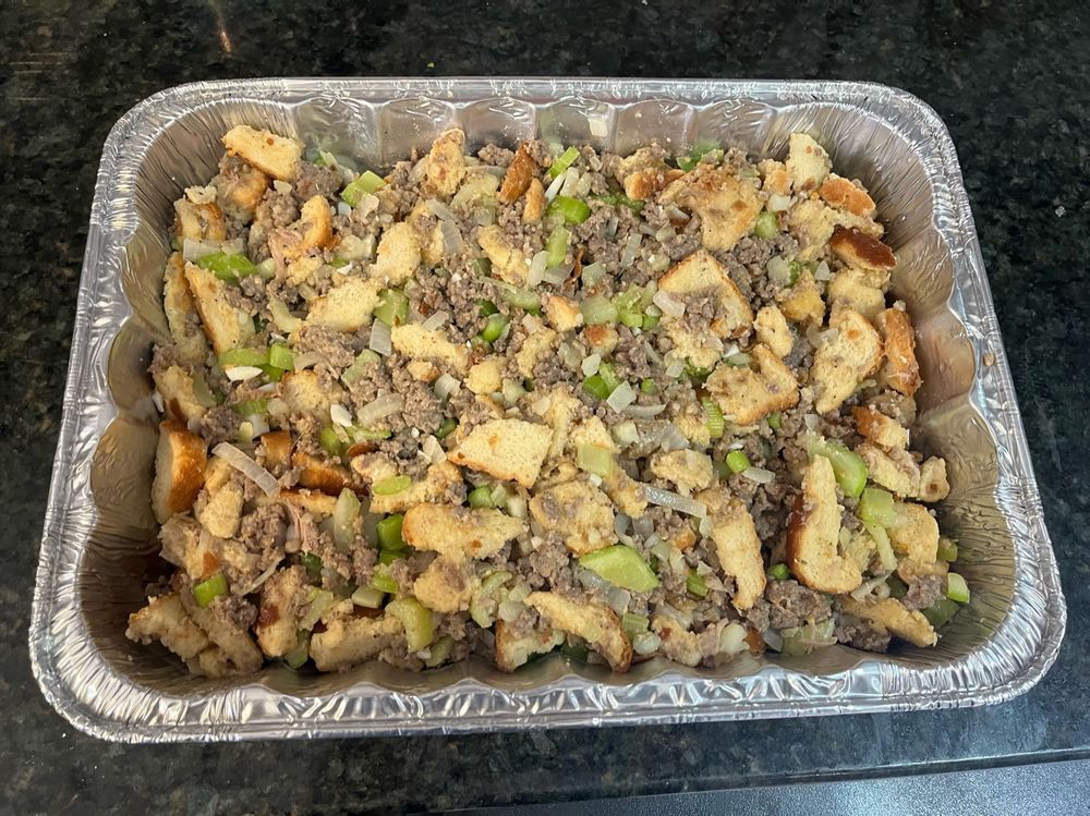 Picture of the sausage stuffing with bread.