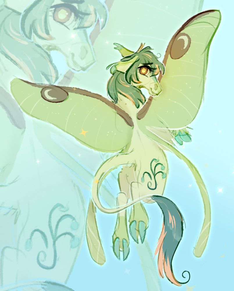 A flutterpony looks back at the viewer over her luna moth wings