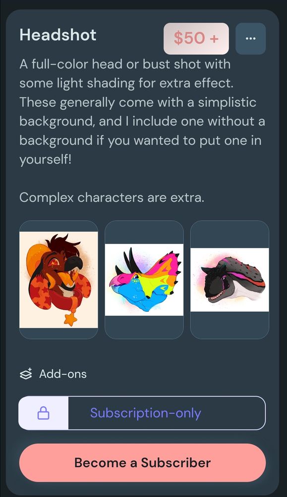 Screenshot from my kofi commissions page showing a headshot art commission listing