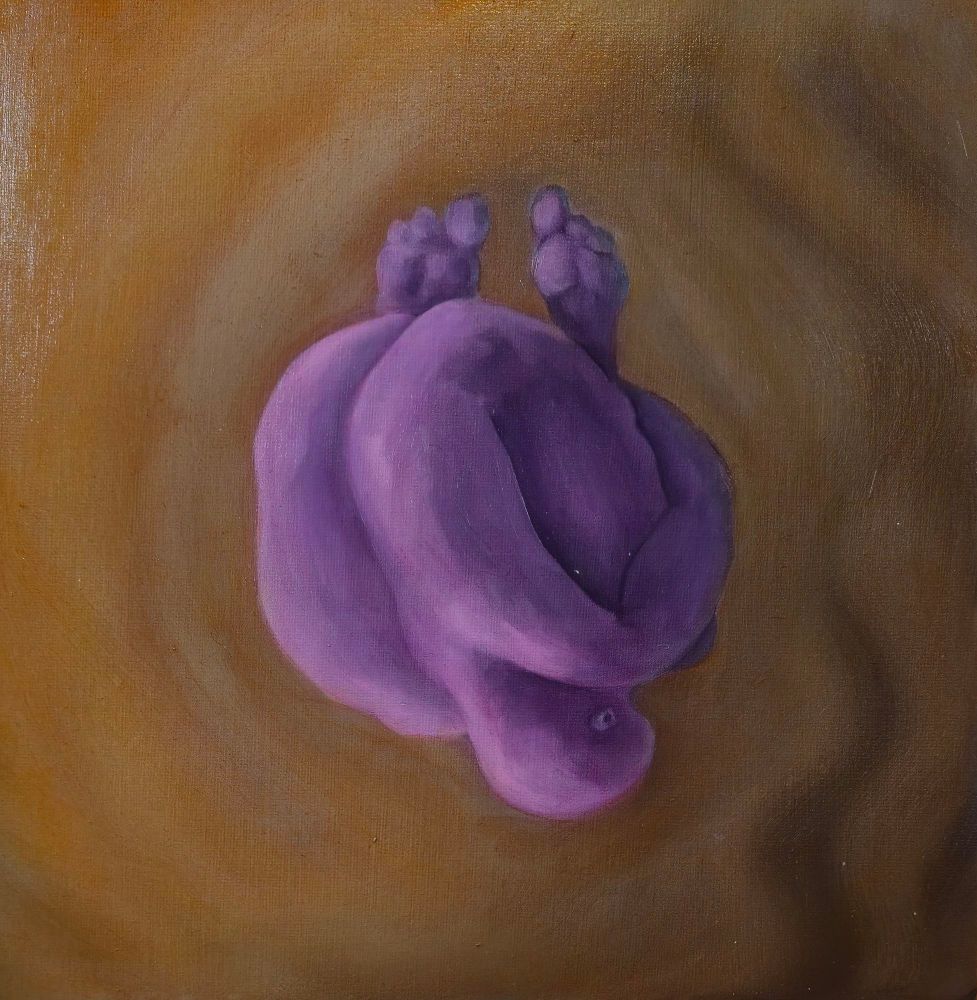 Huddled figure falling head first