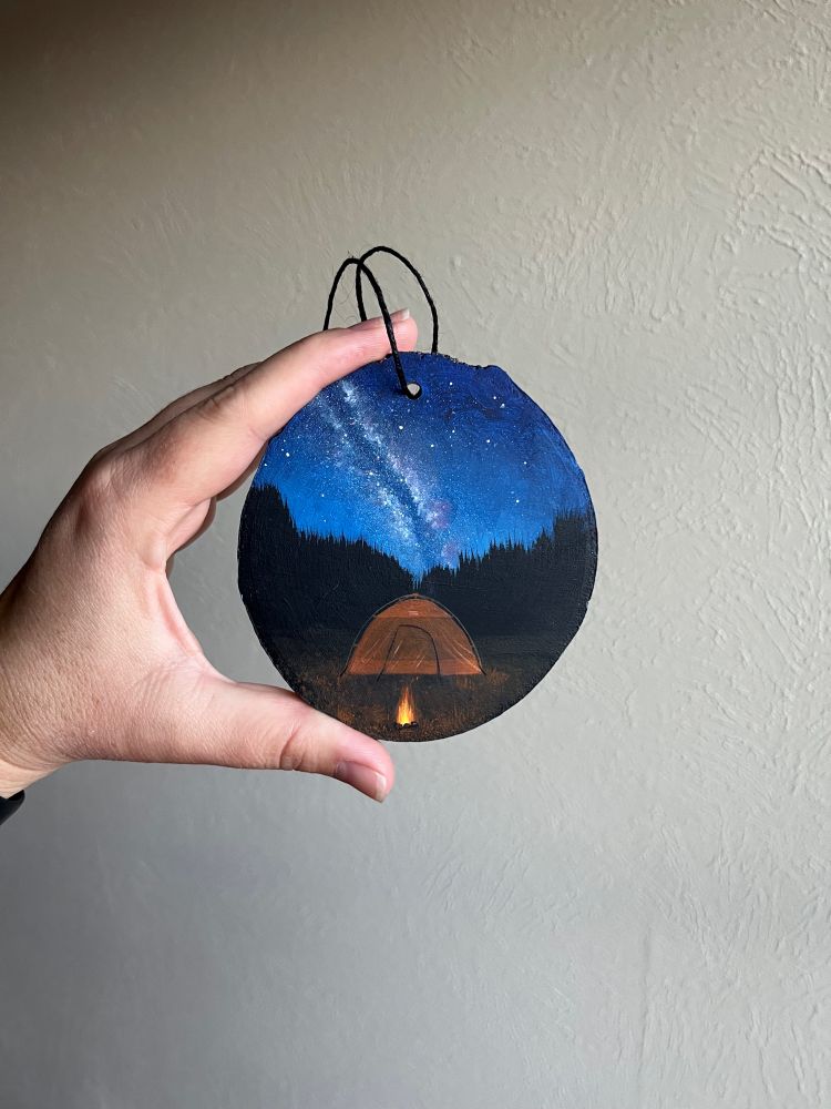 Milky Way wood slice painting features the Milky Way above a tent and campfire. I accept PayPal. $85 (+S&H). Email chrissysparks@me.com to see if this is still available.