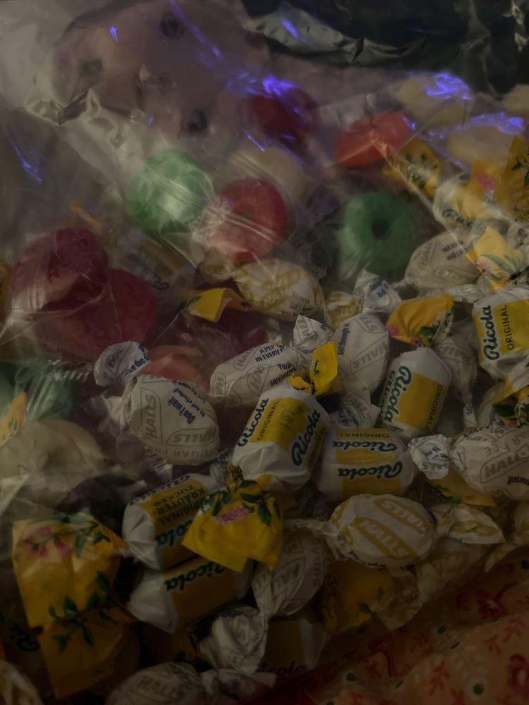 A bag of cough drops and hard candies
