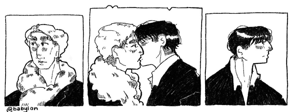 On each side, Erwin and Levi alone looking away pensively with winter outfits.
In the middle there's Erwin and Levi kissing each other.