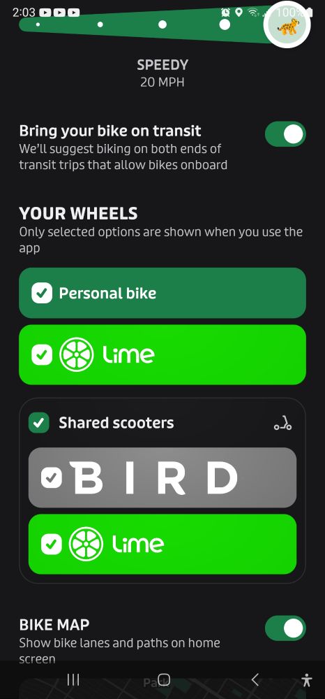 Screen grab from Transit app showing the options for '2 wheeled' travel.