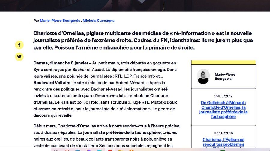 Capture d'écran d'un portrait de Streetpress de mars 2017 consacré à la plume d'extrême droite Charlotte d'Ornellas qui affirmait au média en ligne que Bachar Al Assad était quelqu'un de "doux". Elle l'avait rencontré à Damas en janvier 2017